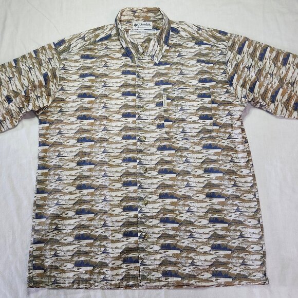 Columbia Sportswear Men’s M Shirt‎ Button Up Fish Print Short Sleeve Cotton - Picture 1 of 8